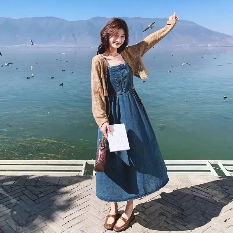【單品可選】法式復古牛仔吊帶連身裙套裝 韓版針織罩衫+吊帶裙