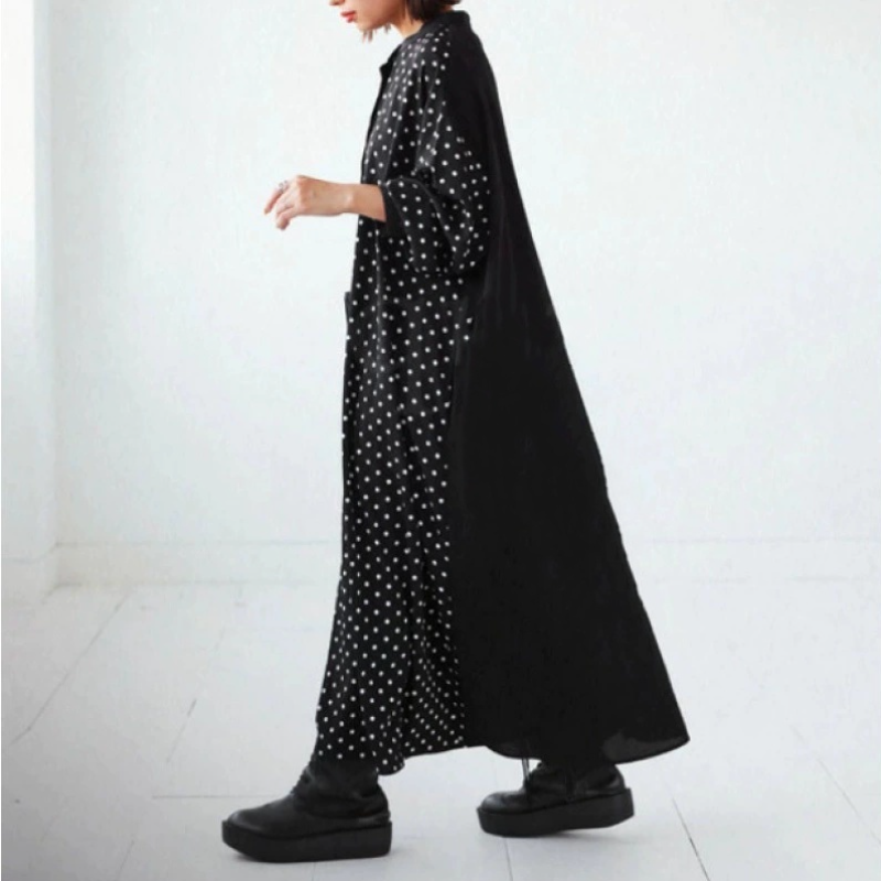 波點日系長洋 簡約清爽長袖拼接波點圖案連身裙