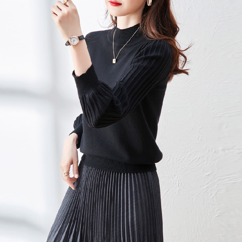 秋冬寬鬆高領上衣針織內搭泡泡袖保暖修身毛衣