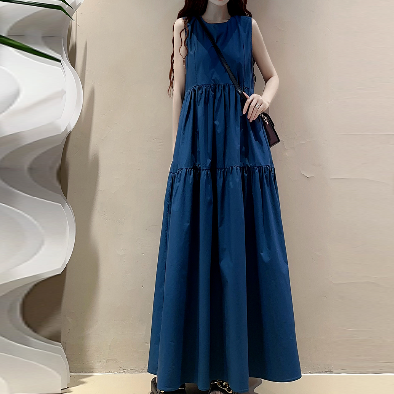 文青風無袖大擺長洋裝 寬鬆A字剪裁 及踝長度 氣質藍色洋裝