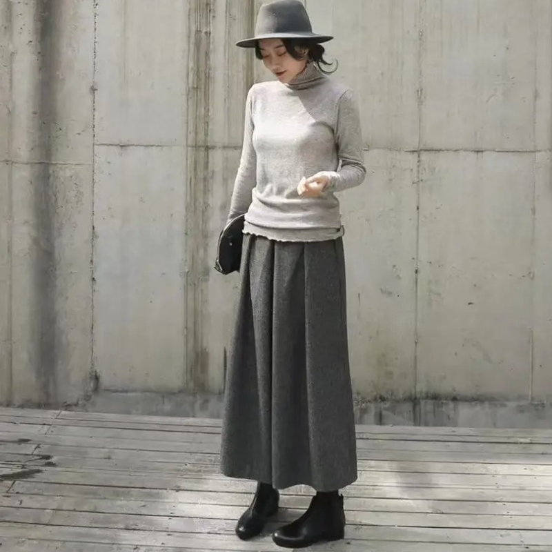 秋冬毛呢寬版裙褲 鬆緊腰九分休閒寬褲