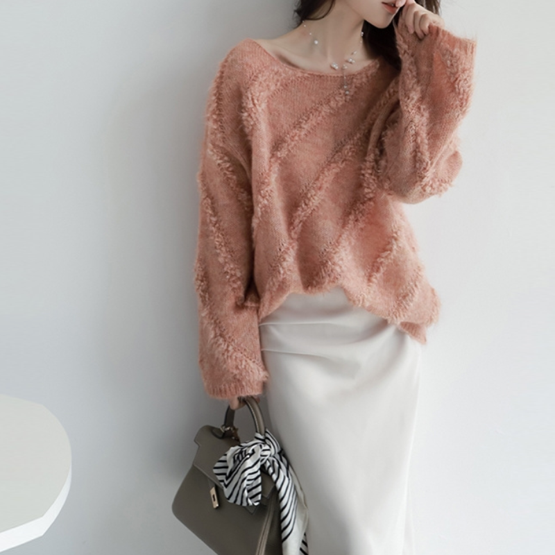 法式慵懶一字領馬海毛毛衣 秋冬外穿寬鬆針織上衣 柔軟蓬鬆