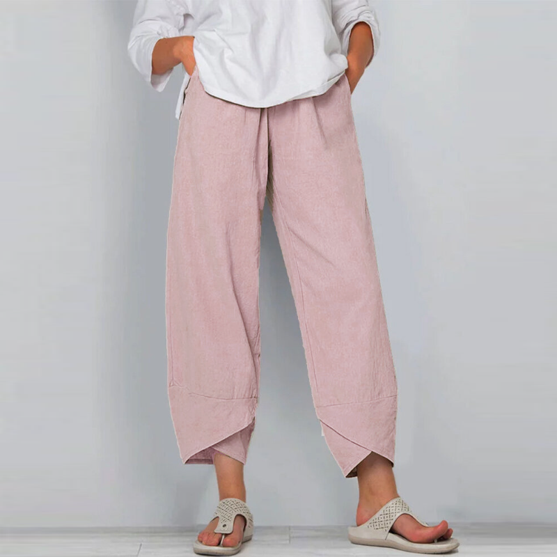 顯高設計感 彈力腰九分休閒長褲棉麻寬鬆休閒褲家居褲