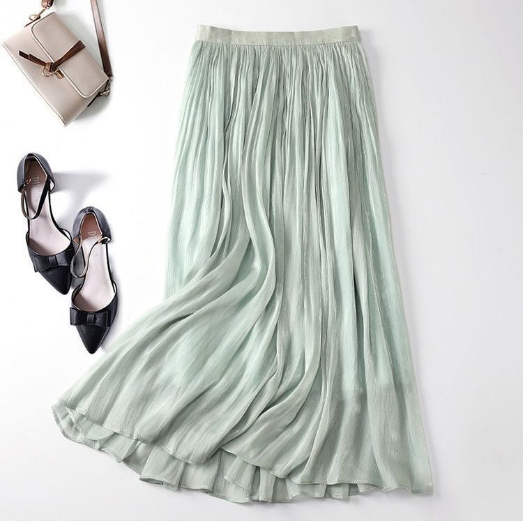 春夏熱賣 雪紡珠光百摺半身裙 顯瘦A字中長裙 親膚透氣垂墜感 實穿百搭洋裝內搭裙
