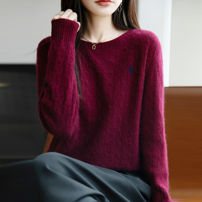 麻花圓領針織上衣 無縫一體 成型舒適 長袖寬鬆 秋冬內搭