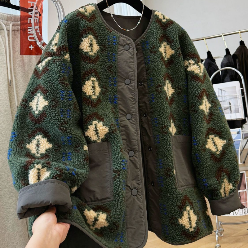 雙面穿撞色羊羔絨風外套 復古中長版 保暖設計