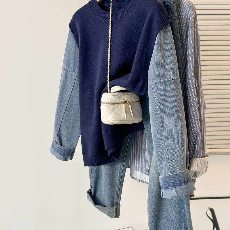 牛仔袖拼接假兩件針織上衣 寬鬆剪裁 秋冬百搭款