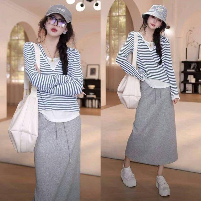 韓系休閒兩件式套裝 條紋上衣＋中長裙 成套穿搭