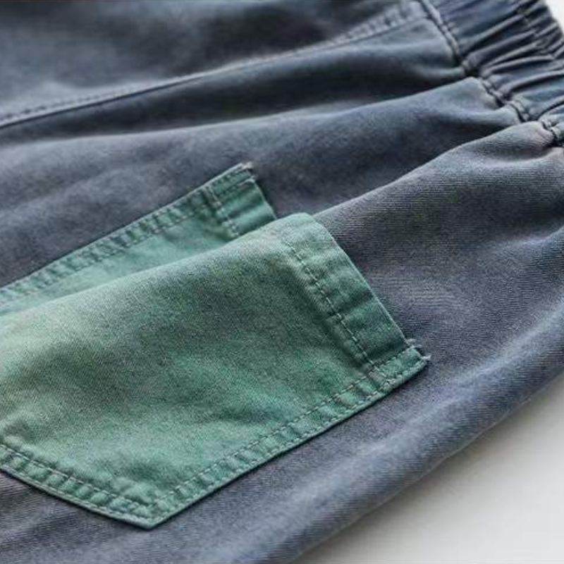 牛仔拼接撞色九分褲 寬鬆好搭 鬆緊腰哈倫版