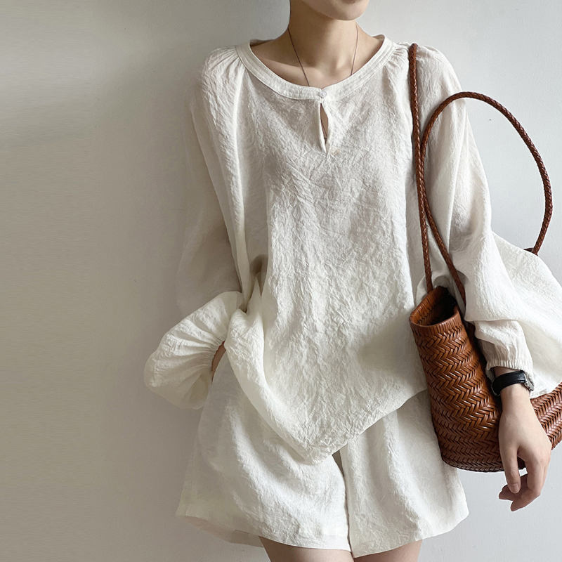 名媛風兩件套 寬鬆褶皺棉麻圓領防曬上衣＋寬褲短褲套裝