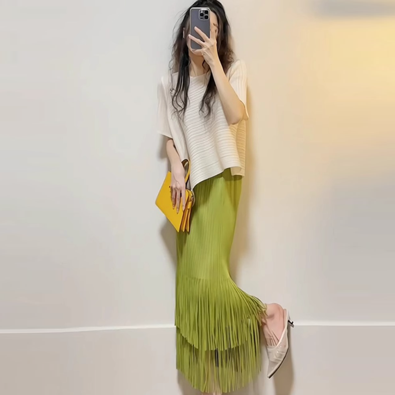 清新壓褶流蘇長裙套裝 氣質輕熟風 薄荷綠穿搭 半身裙兩件式