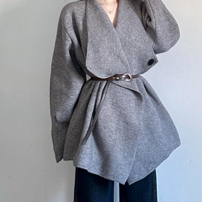 韓系V領針織外套＋高腰寬褲牛仔 兩件套 灰色上衣 綁帶設計