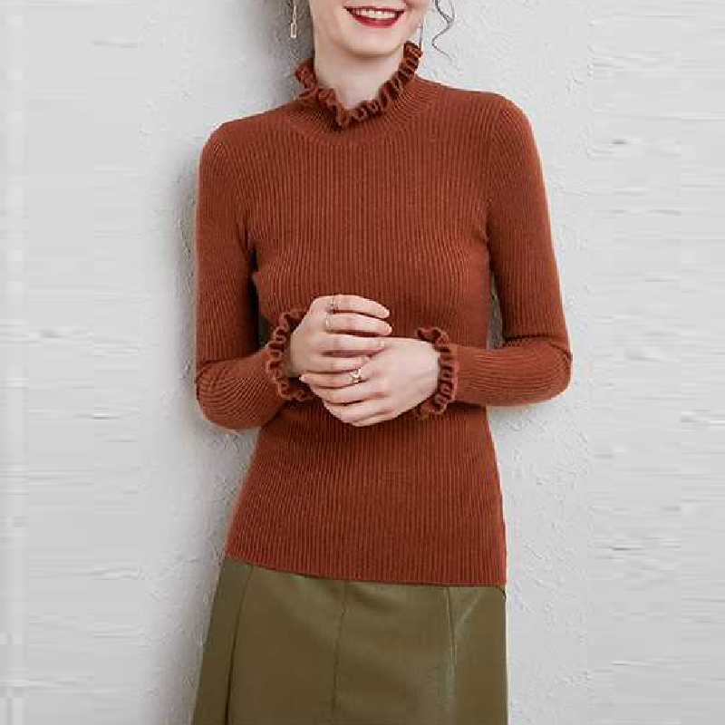 木耳花邊領長袖針織毛衣女 超顯瘦百搭款 保暖半高領毛衣