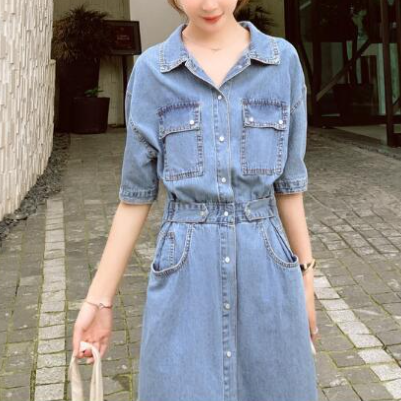 甜美日系收腰牛仔連身裙 顯瘦氣質中長A字裙