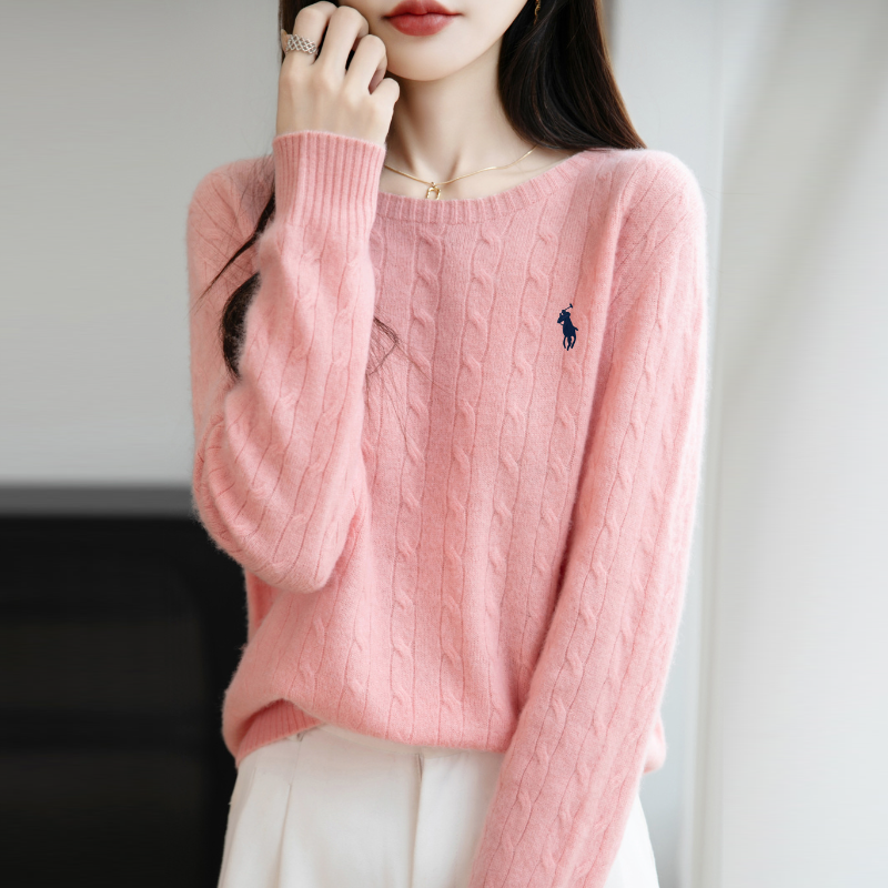 麻花圓領針織上衣 無縫一體 成型舒適 長袖寬鬆 秋冬內搭