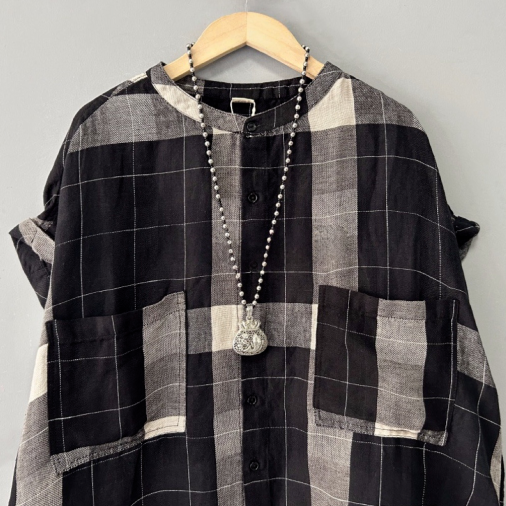 棉麻撞色格子短袖襯衫 寬鬆大尺碼簡約復古款