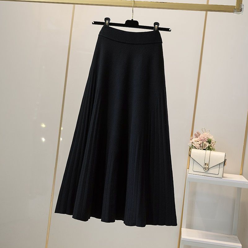 溫柔針織高腰半身裙 顯瘦A字裙垂感素面中長款百褶裙