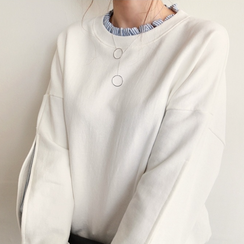 【春人気商品】【2色/M-2XL】薄款假兩件圓領白色TEE襯衫 韓版條紋寬鬆上衣