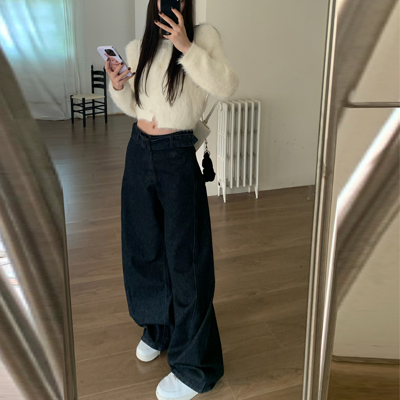 韓系 ‧ 復古腰帶設計感寬腿牛仔褲