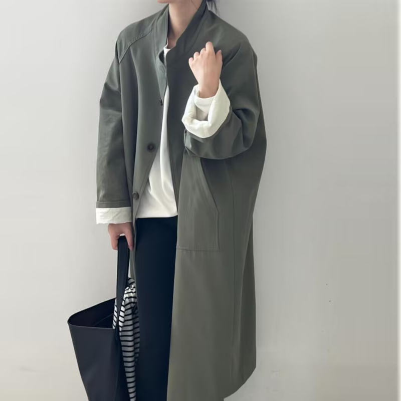 立領中長版風衣外套 英倫感 高級質感 寬鬆剪裁 春秋休閒百搭