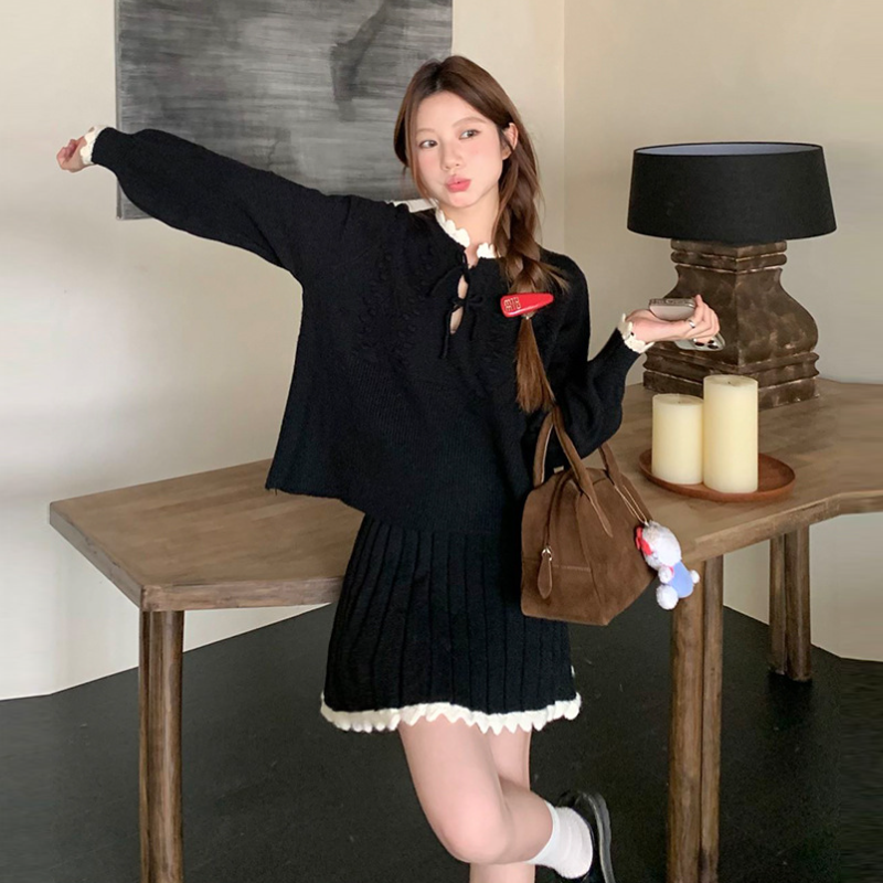 溫柔系針織套裝 蝴蝶結織紋上衣＋百褶裙 兩件式 顯瘦減齡