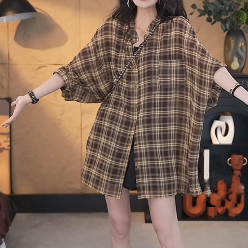 復古格紋寬鬆防曬襯衫外套 七分袖長版休閒款