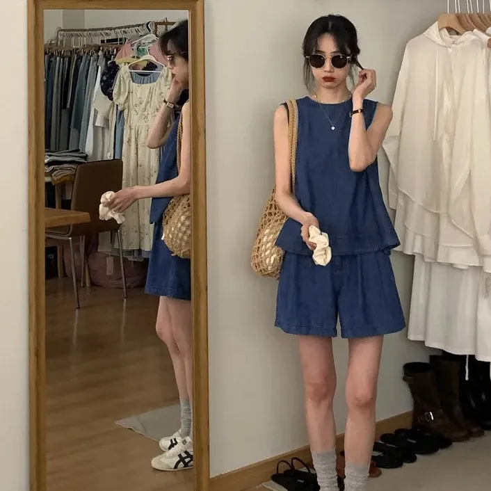 牛仔顯瘦組合 冰氧牛仔抗熱背心+高腰短褲 兩件減齡兩件套