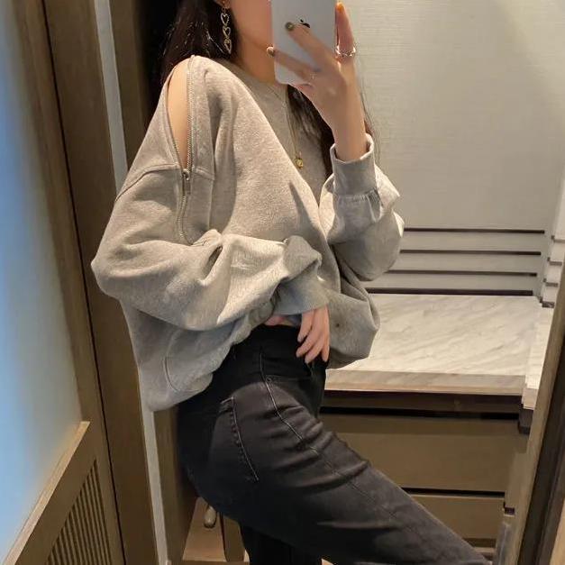 拉鍊露肩大學T 春秋新款 寬鬆顯瘦 長袖圓領