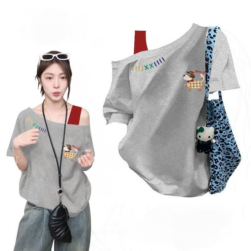 純棉復古印花斜肩假兩件短袖T恤 休閒百搭款