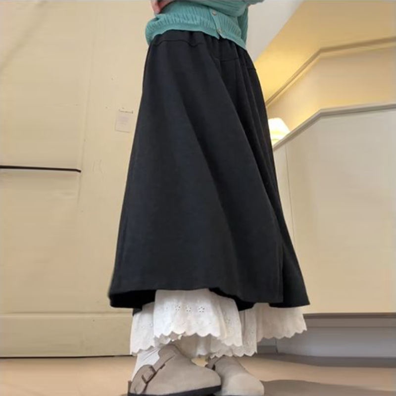 深灰蕾絲拼接褲裙 闊腿垂墜感 嬌小友善 秋季新款