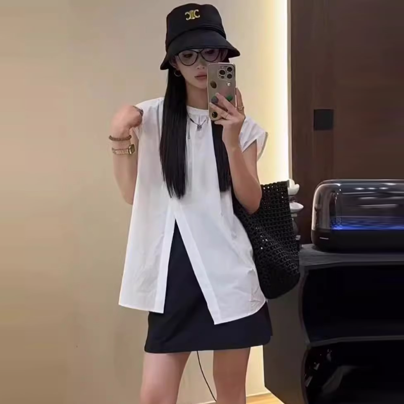 不規則側開高衩飛袖襯衫 夏季寬鬆設計感休閒氣質上衣