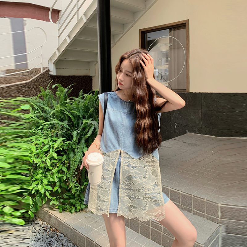 韓系穿搭古董蕾絲馬甲 × 丹寧短褲​度假組​
