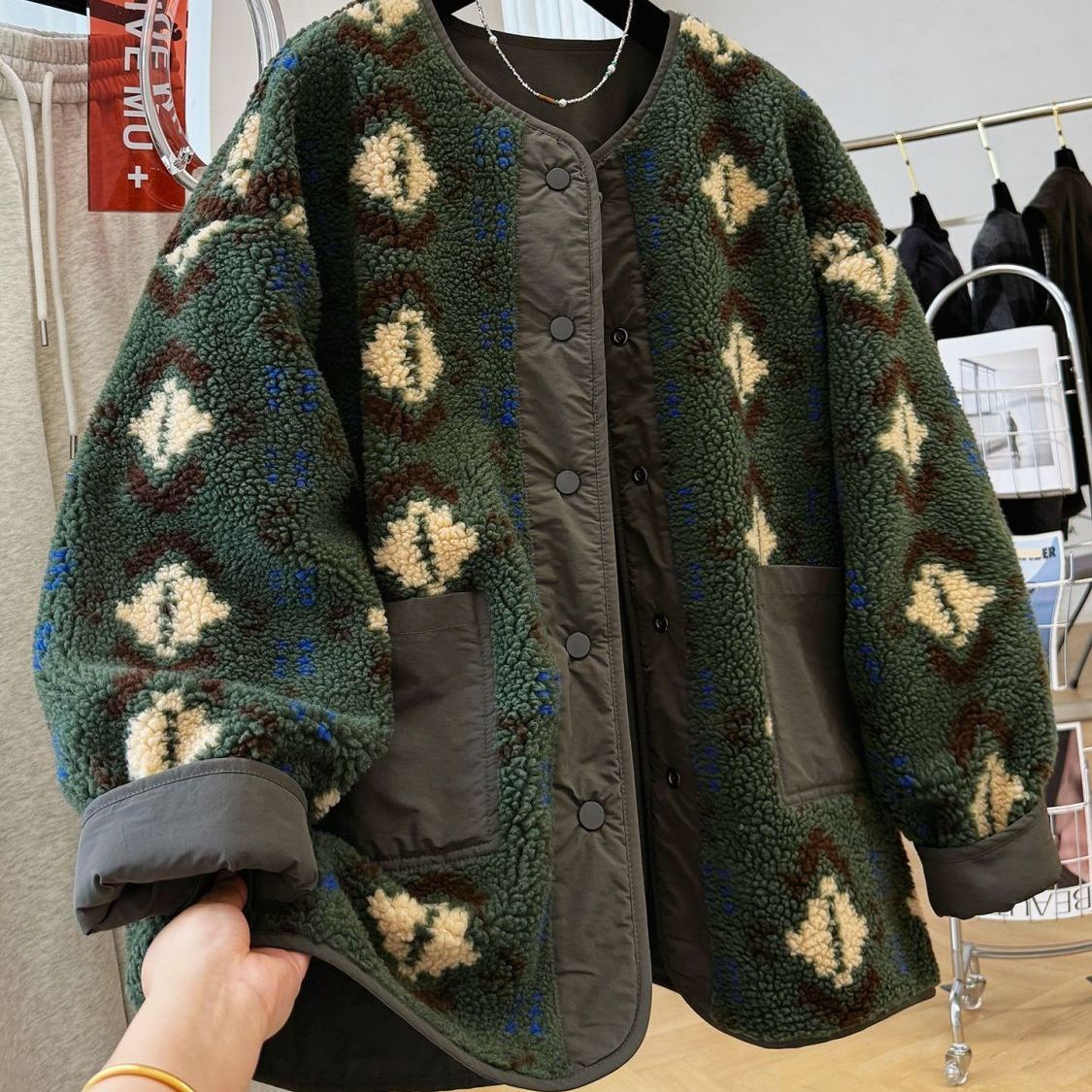 雙面穿撞色羊羔絨風外套 復古中長版 保暖設計