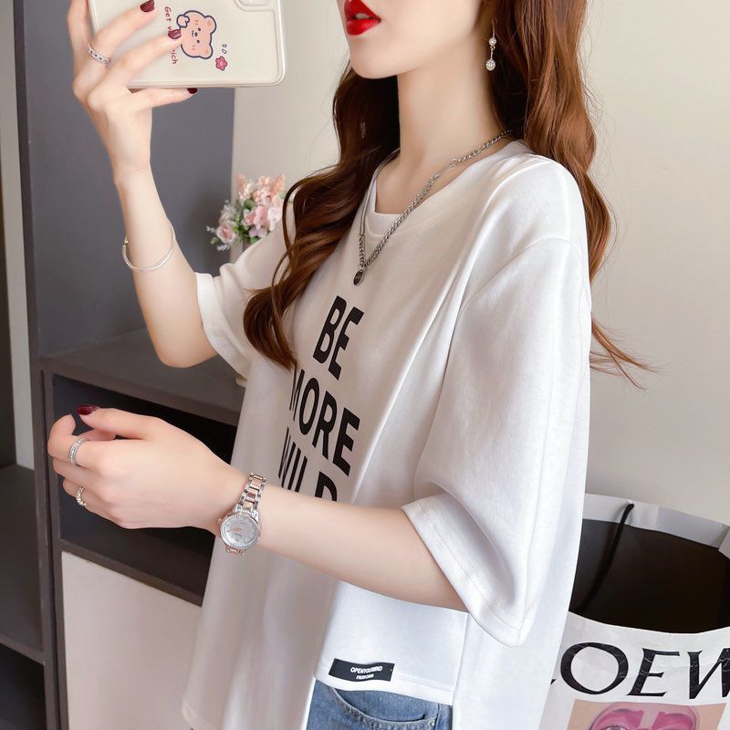 大尺碼字母不對稱開衩短袖T恤 棉花糖女孩寬鬆顯瘦上衣