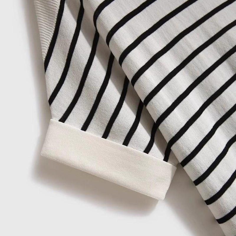 涼感冰絲逆齡短袖上衣 天絲觸感鎖骨微露不曝曬 懶人穿搭百搭條紋蝙蝠袖