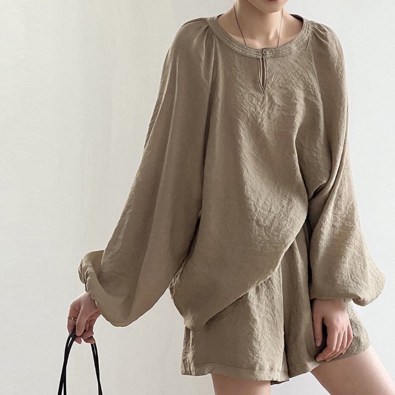 名媛風兩件套 寬鬆褶皺棉麻圓領防曬上衣＋寬褲短褲套裝