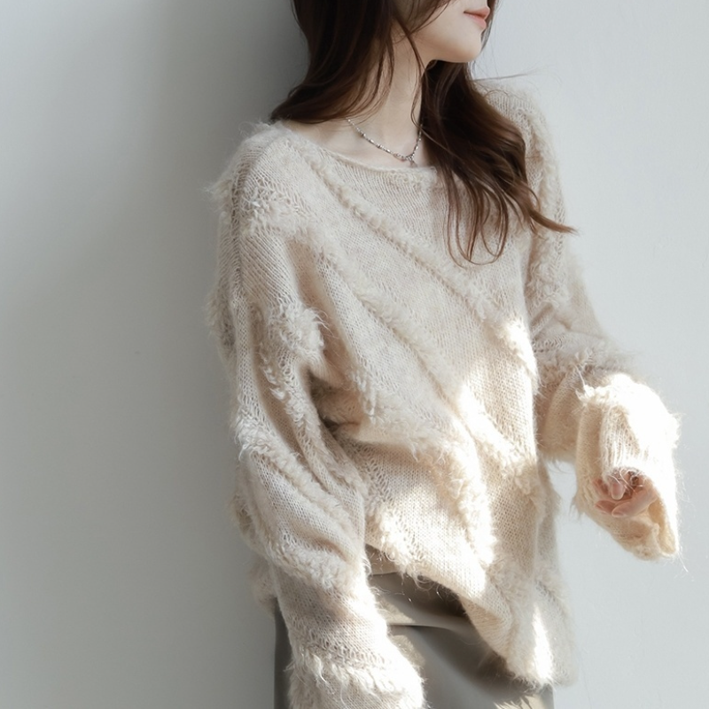 法式慵懶一字領馬海毛毛衣 秋冬外穿寬鬆針織上衣 柔軟蓬鬆