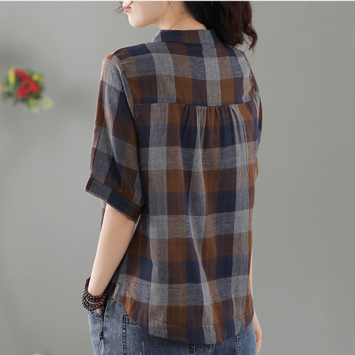 昭和風窗格紋棉麻罩衫 大尺碼衬衫上衣