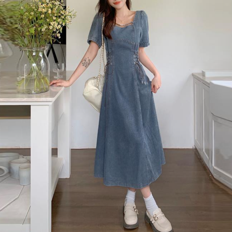 大尺碼法式復古牛仔洋裝｜側綁帶束腰 方領 收腰顯瘦（短版/長版可選）