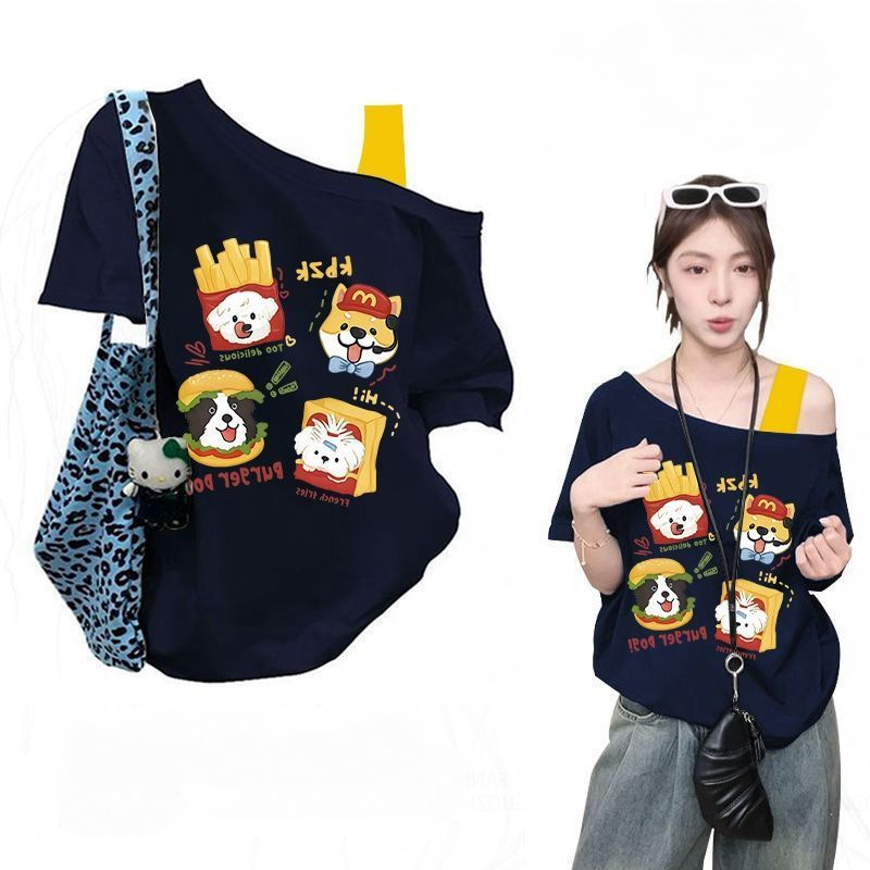 純棉復古印花斜肩假兩件短袖T恤 休閒百搭款