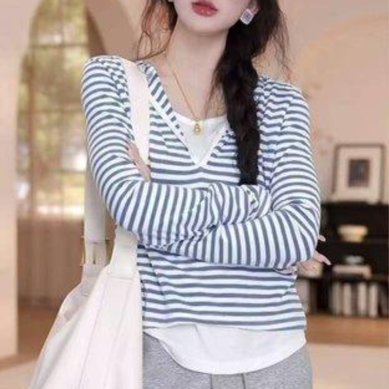 韓系休閒兩件式套裝 條紋上衣＋中長裙 成套穿搭