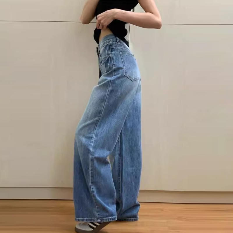 水洗高腰直筒牛仔褲 美式復古 寬鬆寬褲 垂墜感 拖地版