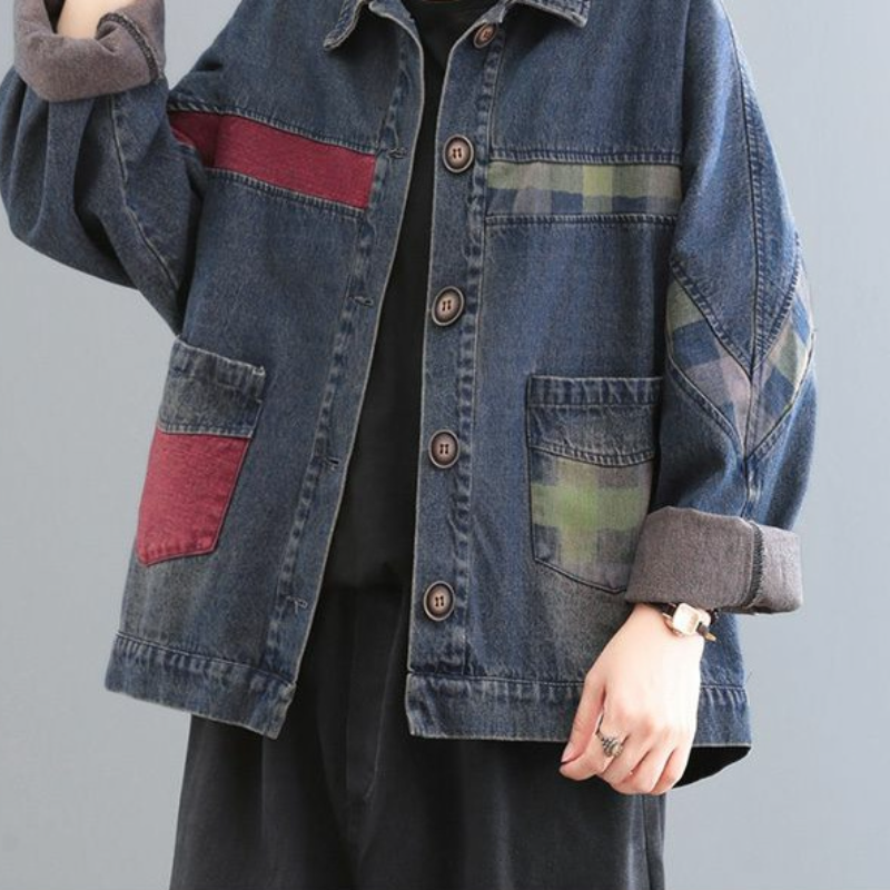 復古拼布丹寧外套 大尺碼寬鬆 厚質保暖