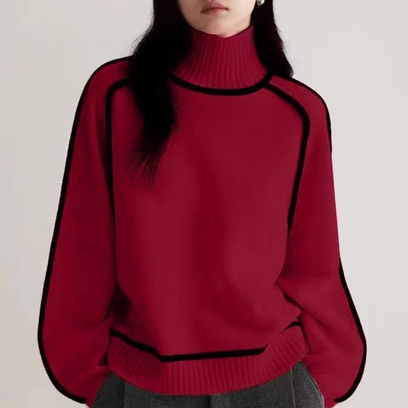 高領插肩針織毛衣 法式感燈籠袖 滾邊設計 寬鬆版型