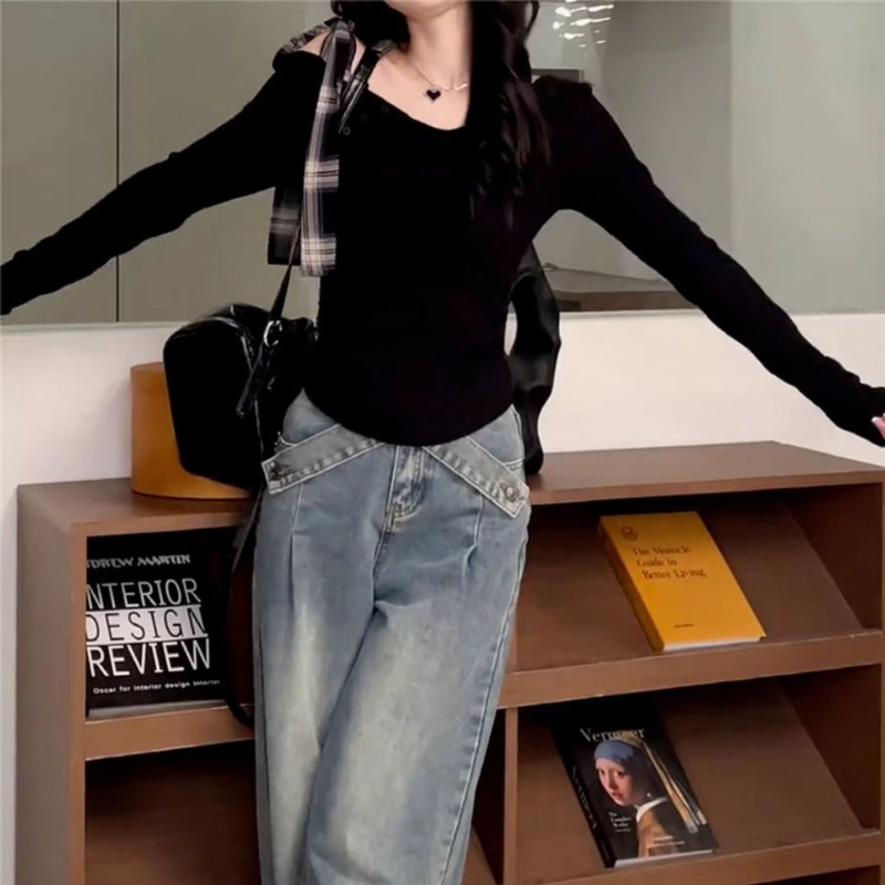 溫柔法式綁帶 斜肩一字領修身針織上衣 早秋顯瘦長袖內搭T恤