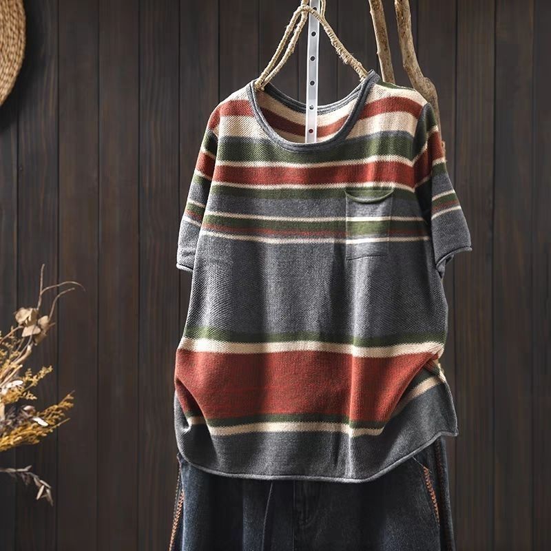 春夏條紋針織短袖T恤 寬鬆圓領上衣百搭休閒款