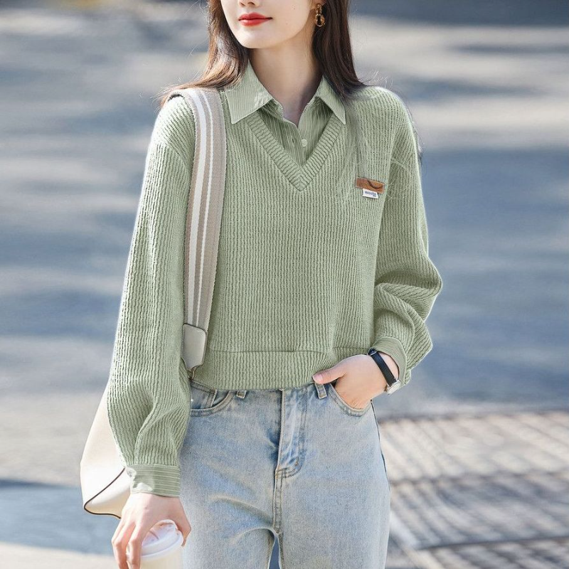 翻領條紋針織拼接假兩件上衣 休閒剪裁 春秋百搭款