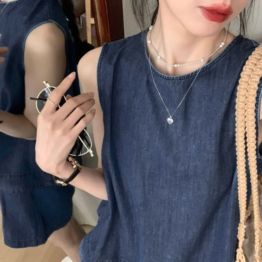 牛仔顯瘦組合 冰氧牛仔抗熱背心+高腰短褲 兩件減齡兩件套