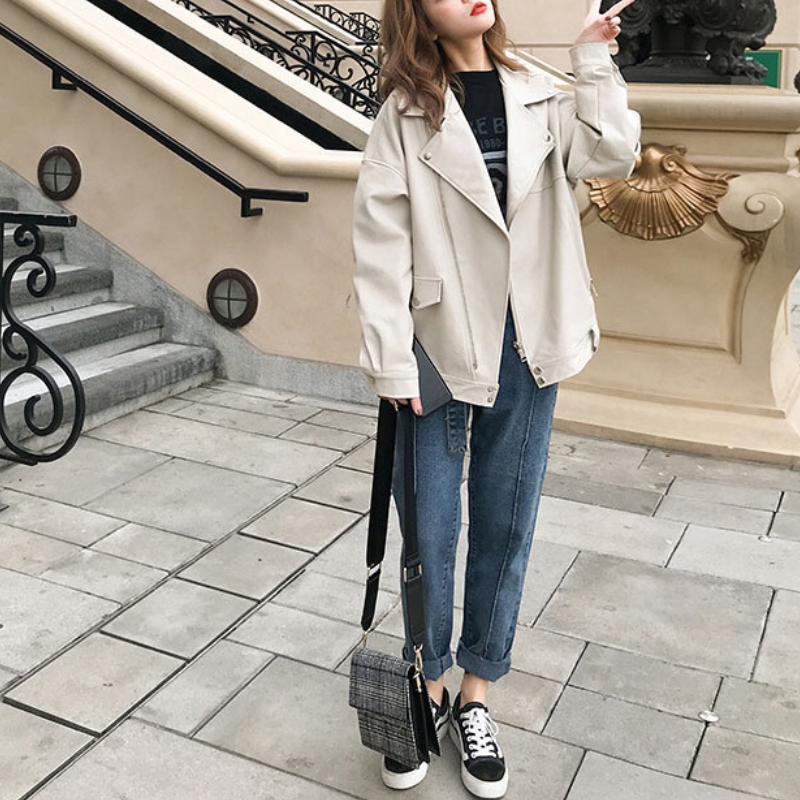 韓版休閒加厚寬鬆PU皮衣夾克短外套