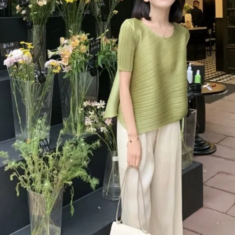 皺褶有袖設計感上衣 不規則短袖 小眾顯瘦t恤